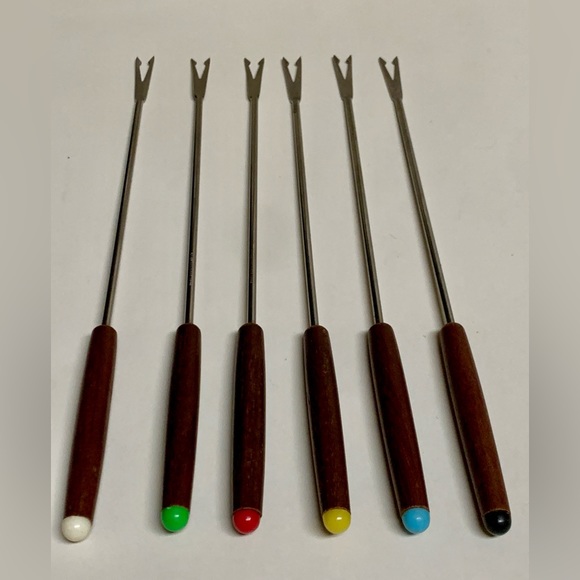 Set of 6 1960s Vintage Japanese Walnut Stainless Fondue Skewer Forks - Picture 3 of 10